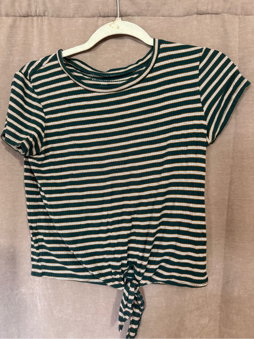 American Eagle Outfitters Green and Cream Striped Tie-Front Crop Top